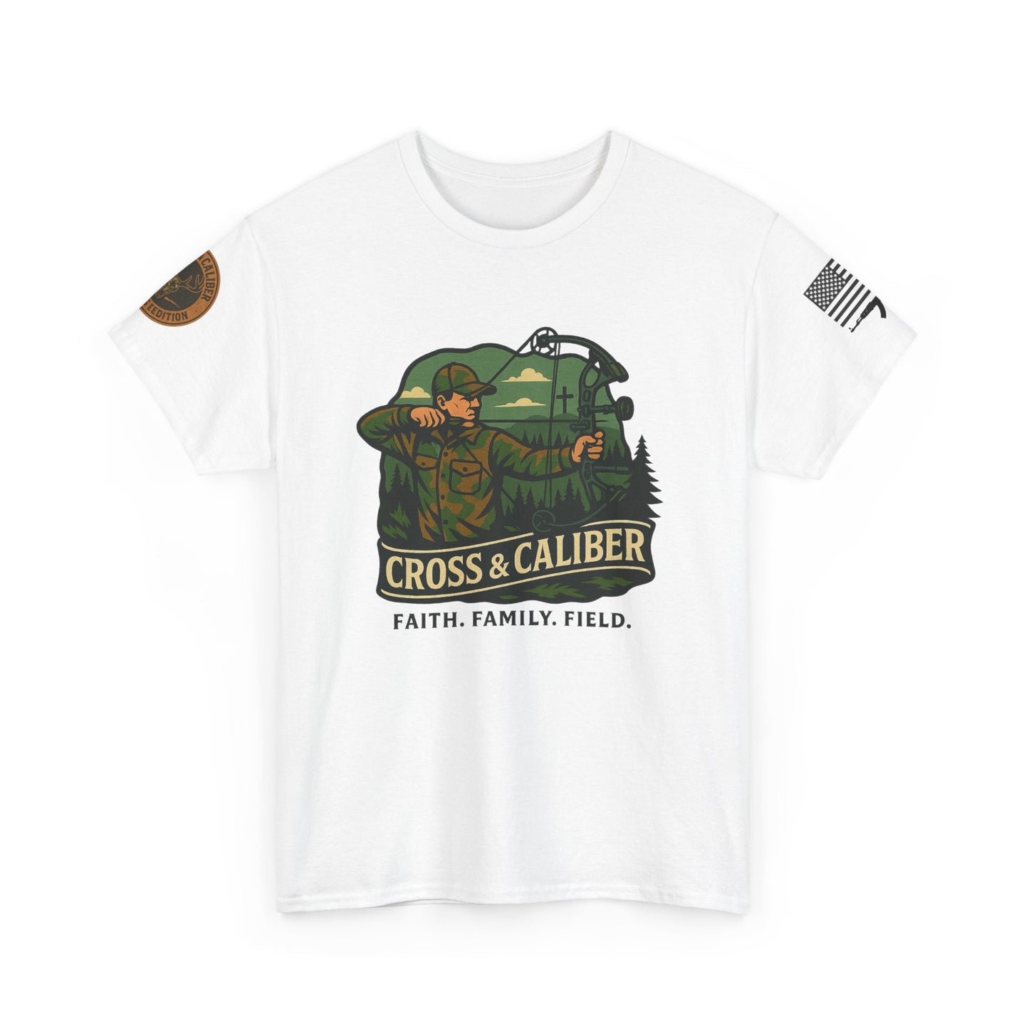 Faith Family Field Unisex Heavy Cotton Tee, Hunting Shirt, Outdoor Lover Gift, Men's Tee, Casual Wear, Patriotic Apparel, Adventure Outfit