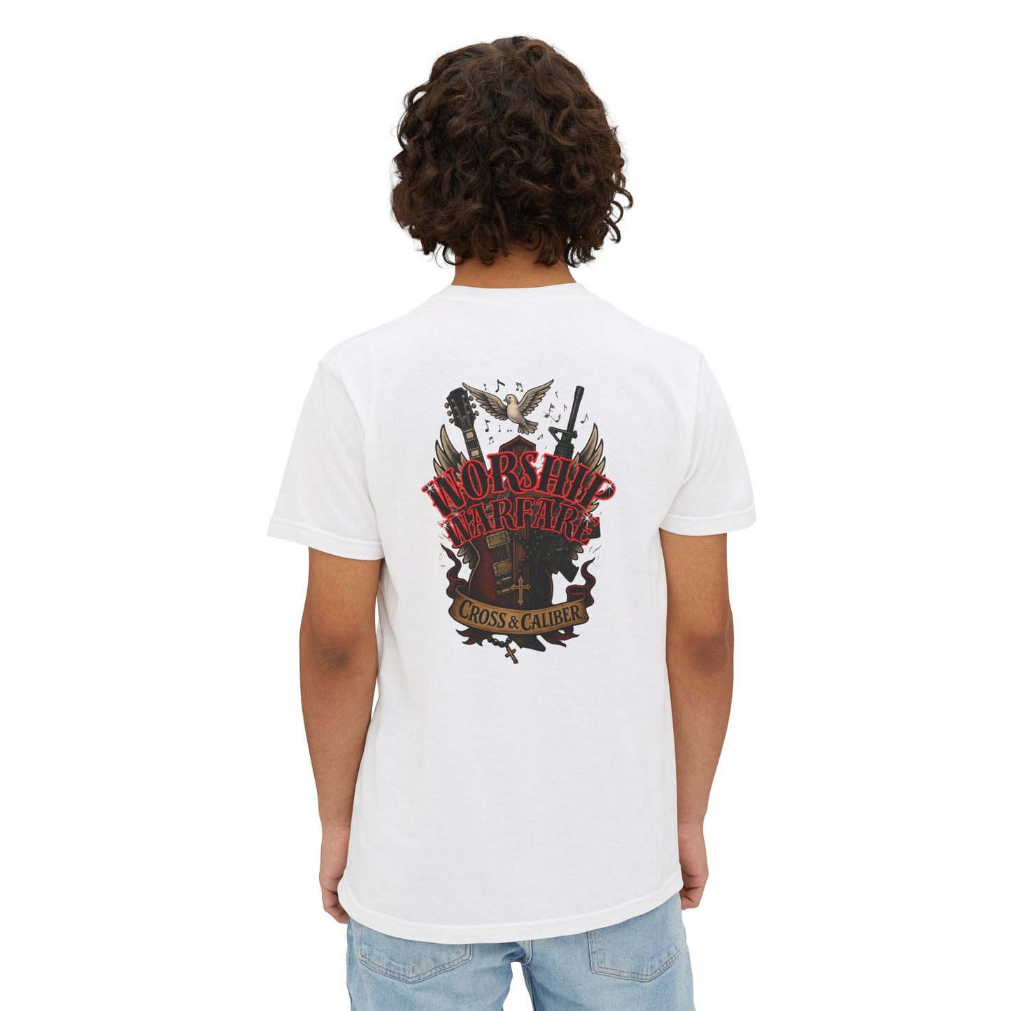 Worship Warfare T-Shirt, Unisex Pocket Tee, Music Lover Gift, Casual Everyday Wear, Rock Concert Attire, Faith-Inspired