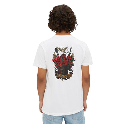 Worship Warfare T-Shirt, Unisex Pocket Tee, Music Lover Gift, Casual Everyday Wear, Rock Concert Attire, Faith-Inspired