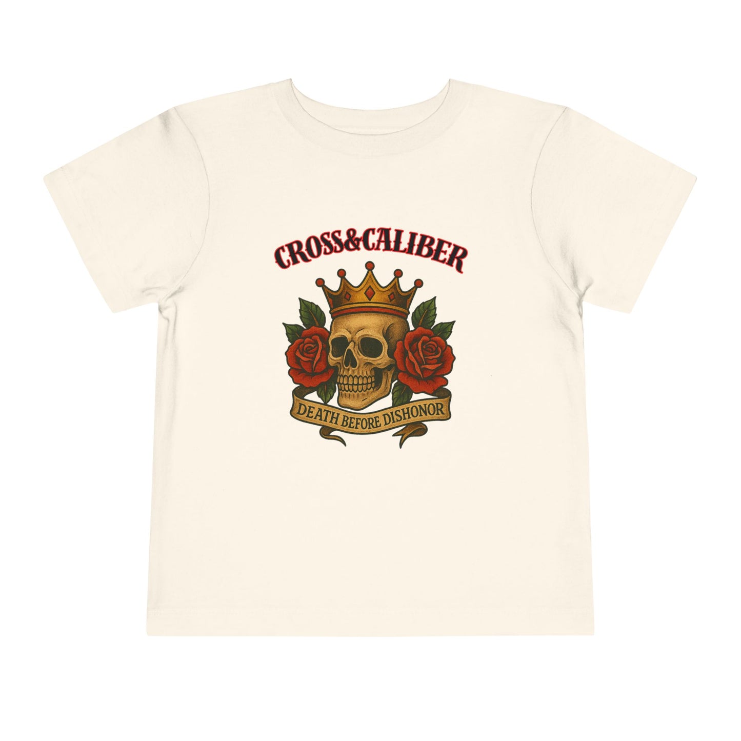Cool Toddler T-Shirt: Cross & Caliber, Death Before Dishonor, Skull and Roses, Trendy Kids Tee, Unique Gift for Boys & Girls