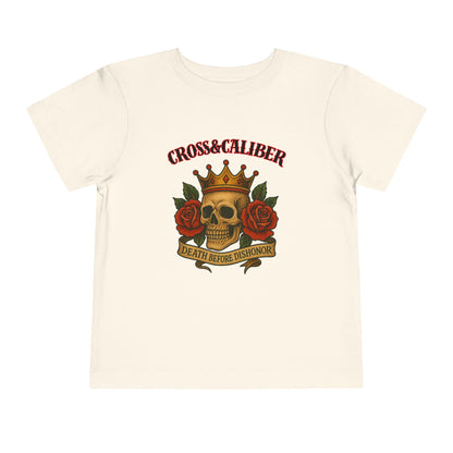 Cool Toddler T-Shirt: Cross & Caliber, Death Before Dishonor, Skull and Roses, Trendy Kids Tee, Unique Gift for Boys & Girls