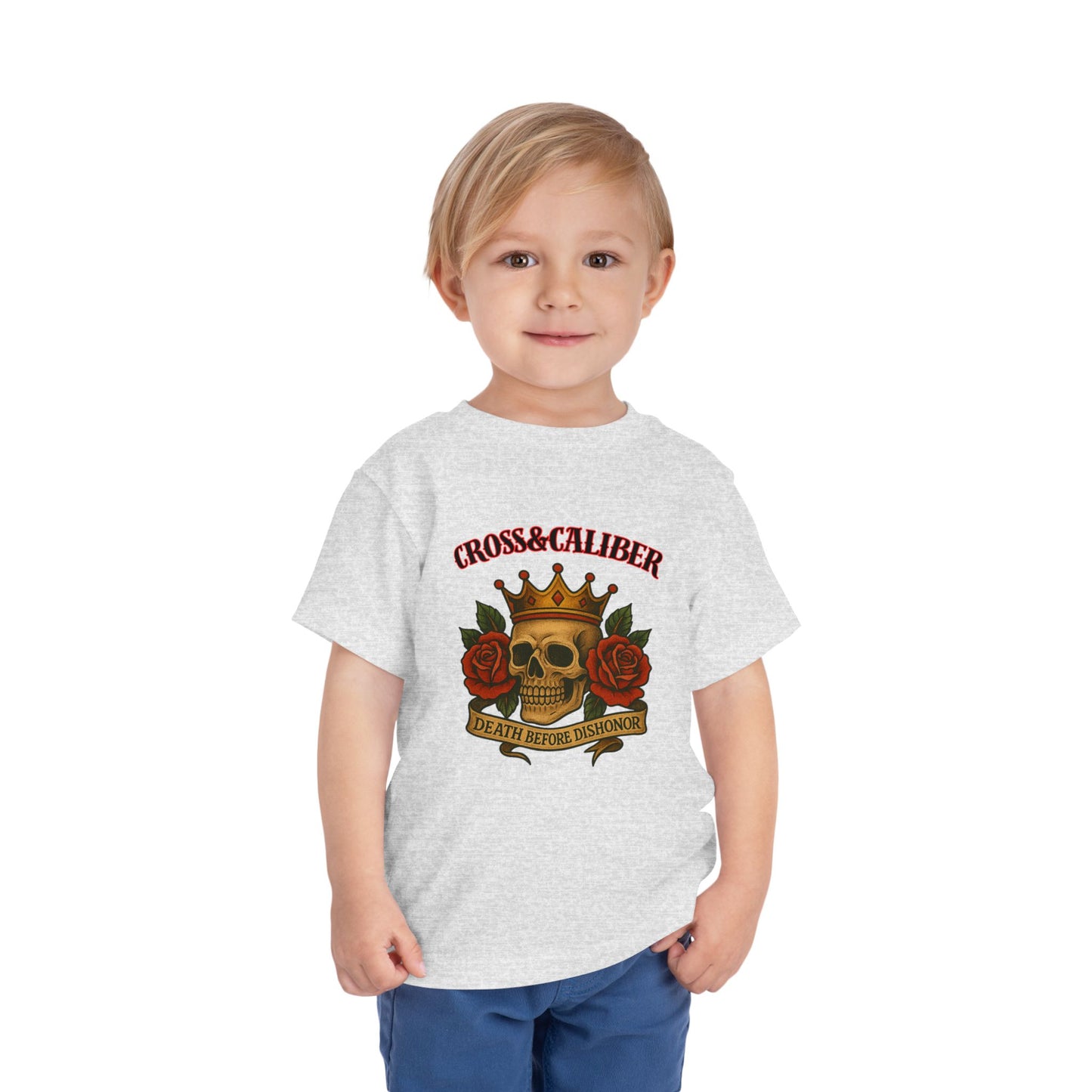Cool Toddler T-Shirt: Cross & Caliber, Death Before Dishonor, Skull and Roses, Trendy Kids Tee, Unique Gift for Boys & Girls