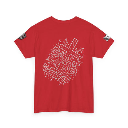 Bold Graphic Unisex Tee with Cross & Caliber Design, Casual Streetwear, Gift for Him or Her, Vintage Inspired T-Shirt,