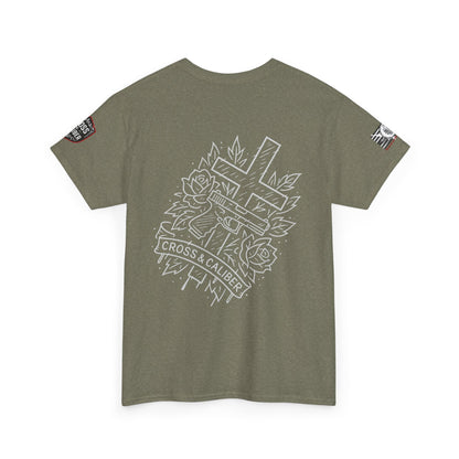 Bold Graphic Unisex Tee with Cross & Caliber Design, Casual Streetwear, Gift for Him or Her, Vintage Inspired T-Shirt,