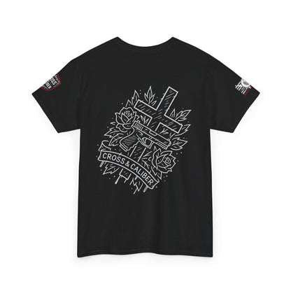 Bold Graphic Unisex Tee with Cross & Caliber Design, Casual Streetwear, Gift for Him or Her, Vintage Inspired T-Shirt,