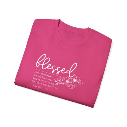 Blessed Floral Tee – "Blessed" Psalm 1:1 Scripture Shirt