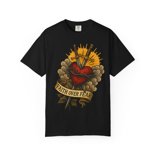 Faith Over Fear Unisex Garment-Dyed T-Shirt - Edgy Heart Design