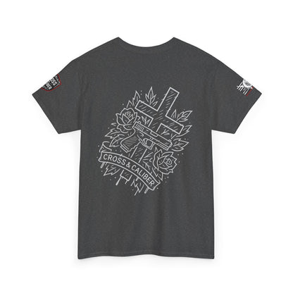 Bold Graphic Unisex Tee with Cross & Caliber Design, Casual Streetwear, Gift for Him or Her, Vintage Inspired T-Shirt,