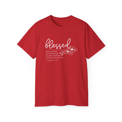 Blessed Floral Tee – "Blessed" Psalm 1:1 Scripture Shirt