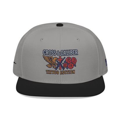 Embroidered Snapback Hat - Cross & Caliber Tattoo Edition