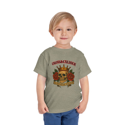Cool Toddler T-Shirt: Cross & Caliber, Death Before Dishonor, Skull and Roses, Trendy Kids Tee, Unique Gift for Boys & Girls