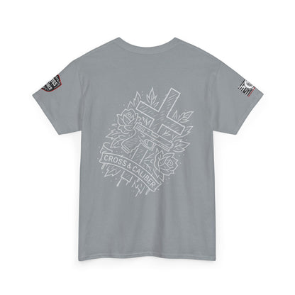 Bold Graphic Unisex Tee with Cross & Caliber Design, Casual Streetwear, Gift for Him or Her, Vintage Inspired T-Shirt,