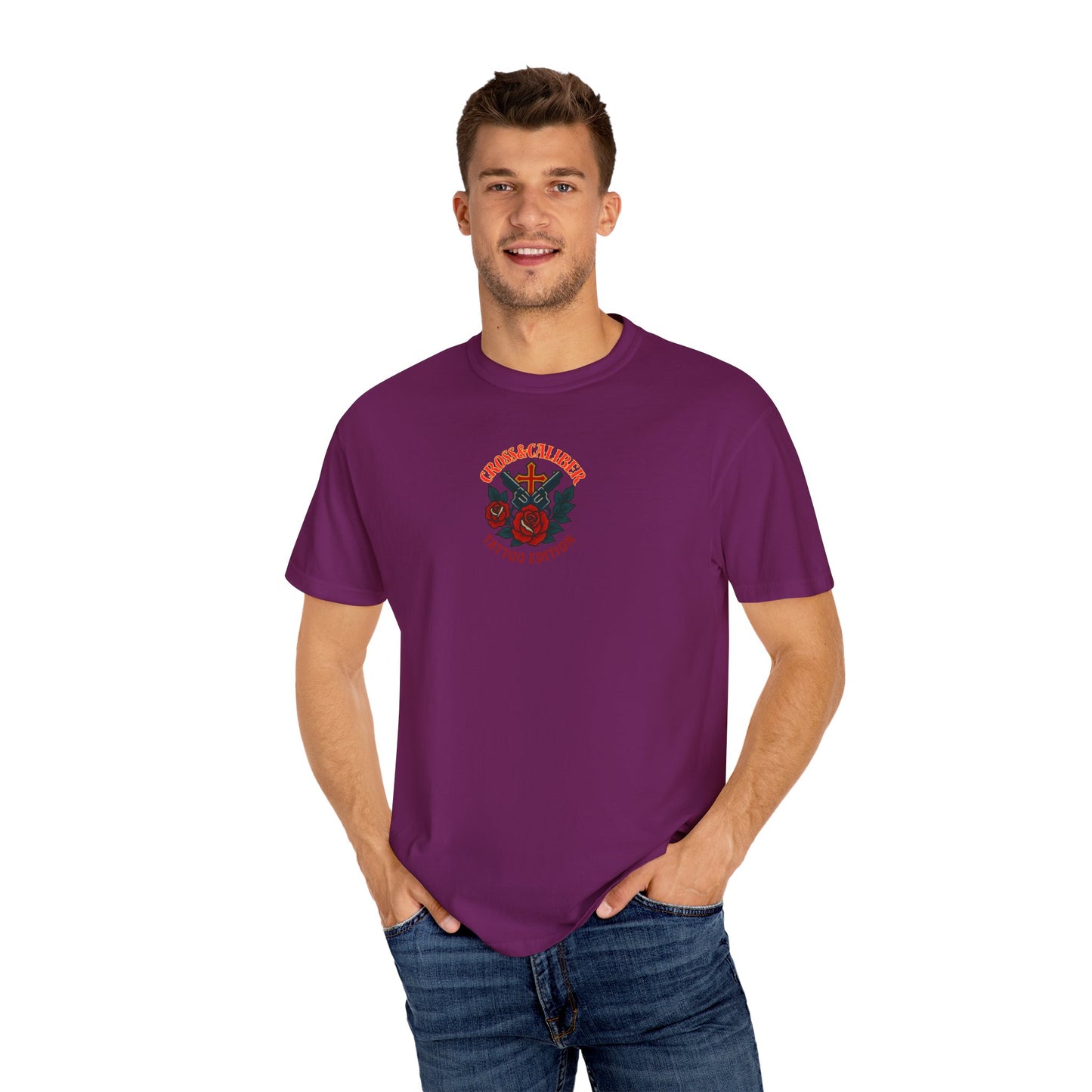 Unisex Garment-Dyed T-shirt with Skull & Roses Design - Perfect for Tattoo Lovers