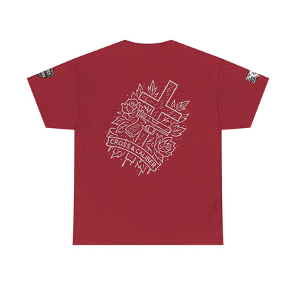 Bold Graphic Unisex Tee with Cross & Caliber Design, Casual Streetwear, Gift for Him or Her, Vintage Inspired T-Shirt,