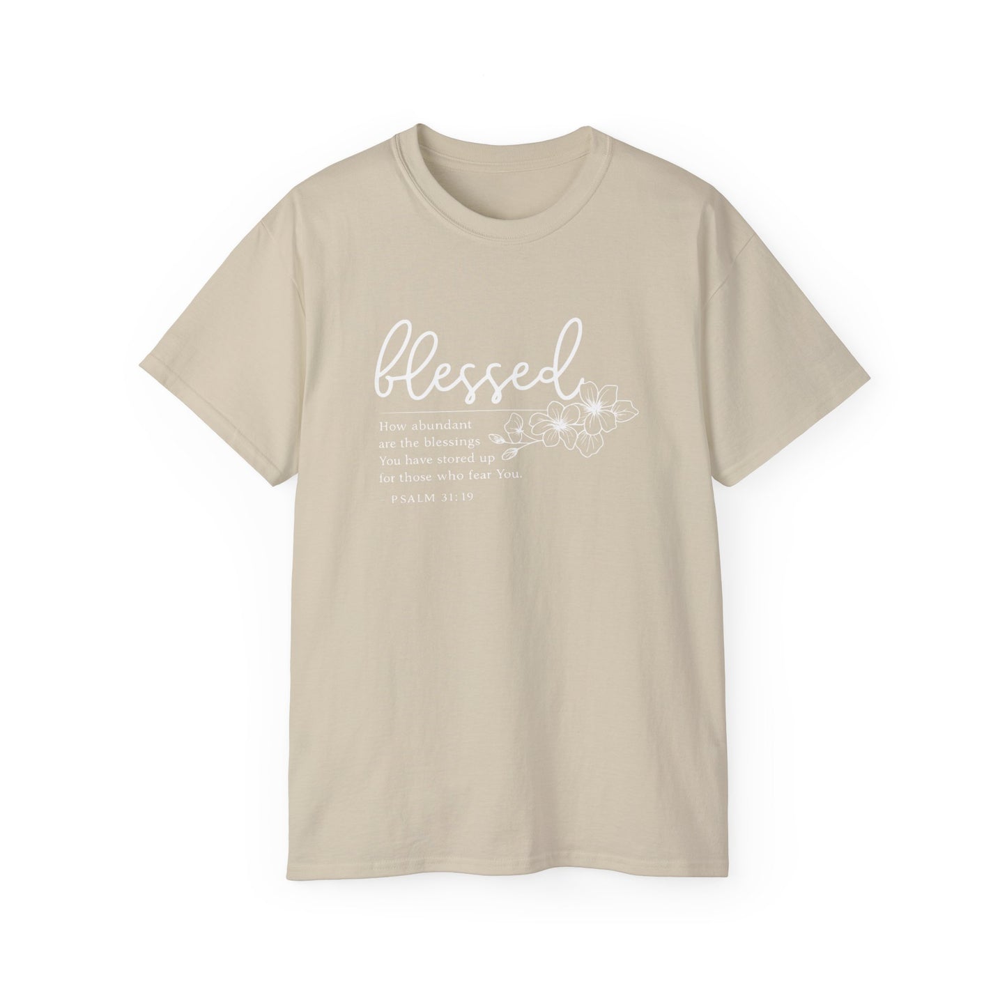 Blessed Floral Tee – "Blessed" Psalm 1:1 Scripture Shirt