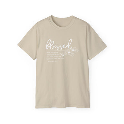 Blessed Floral Tee – "Blessed" Psalm 1:1 Scripture Shirt