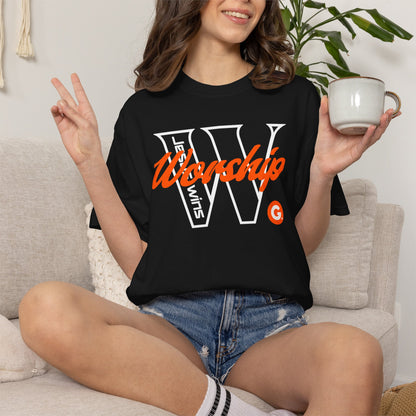 Worship V Varsity T-Shirt – Retro Script Gospel Church Tee