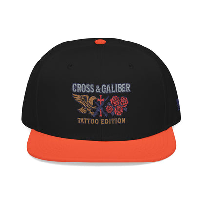 Embroidered Snapback Hat - Cross & Caliber Tattoo Edition