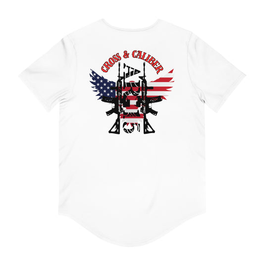 Men's Jersey Curved Hem Tee - Faith Meets Firepower Graphic Tee, Patriotic T-Shirt, Casual Men's Wear, Gift for Firearm Enthusiasts, [...]
