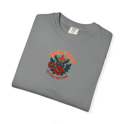 Unisex Tattoo Edition T-Shirt with Cross and Roses - Garment-Dyed for a Vintage Vibe