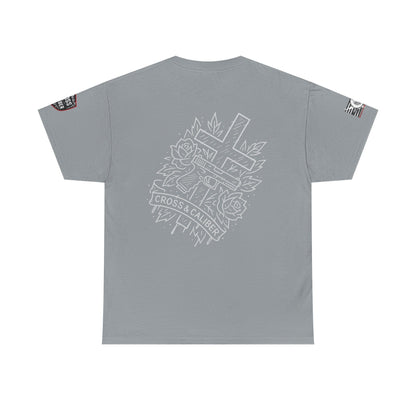 Bold Graphic Unisex Tee with Cross & Caliber Design, Casual Streetwear, Gift for Him or Her, Vintage Inspired T-Shirt,