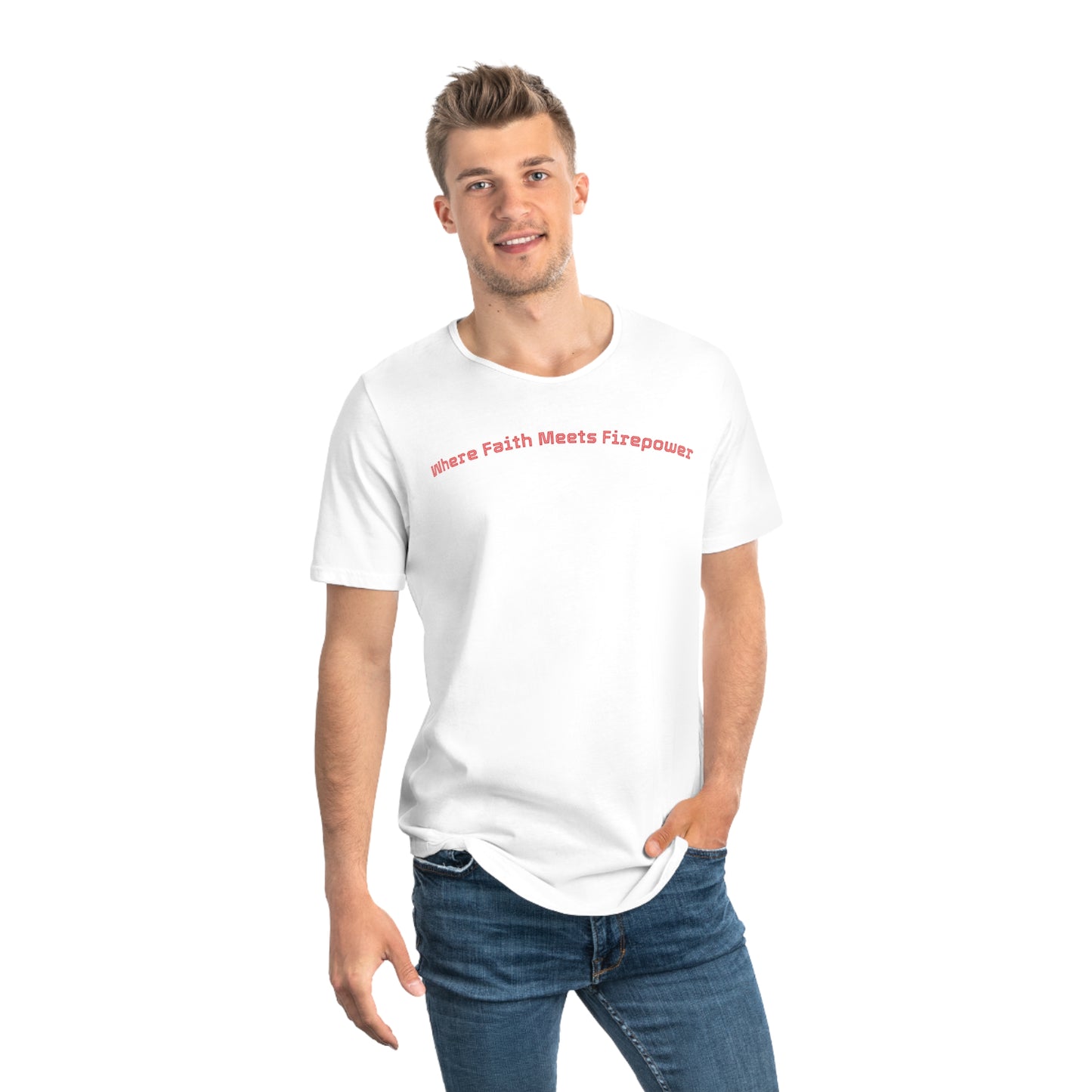 Men's Jersey Curved Hem Tee - Faith Meets Firepower Graphic Tee, Patriotic T-Shirt, Casual Men's Wear, Gift for Firearm Enthusiasts, [...]