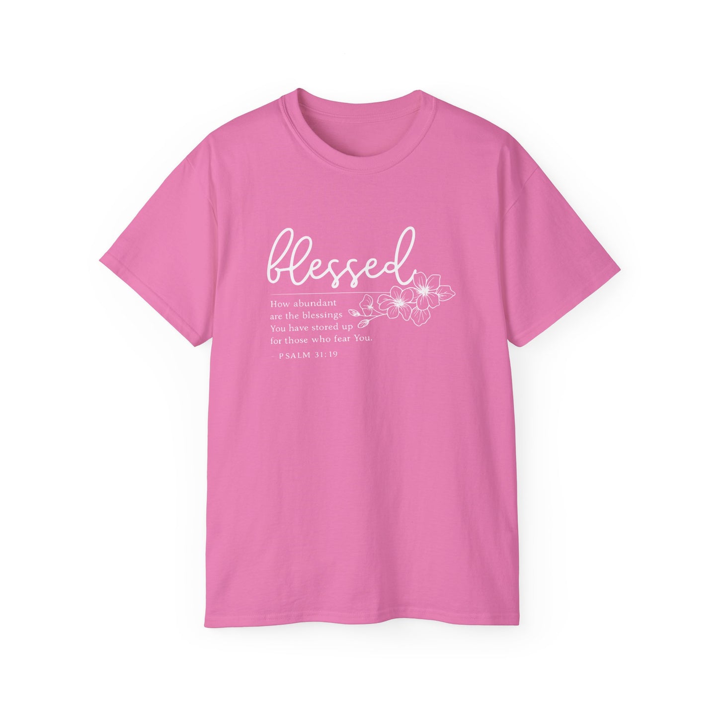 Blessed Floral Tee – "Blessed" Psalm 1:1 Scripture Shirt
