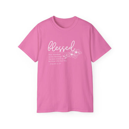 Blessed Floral Tee – "Blessed" Psalm 1:1 Scripture Shirt