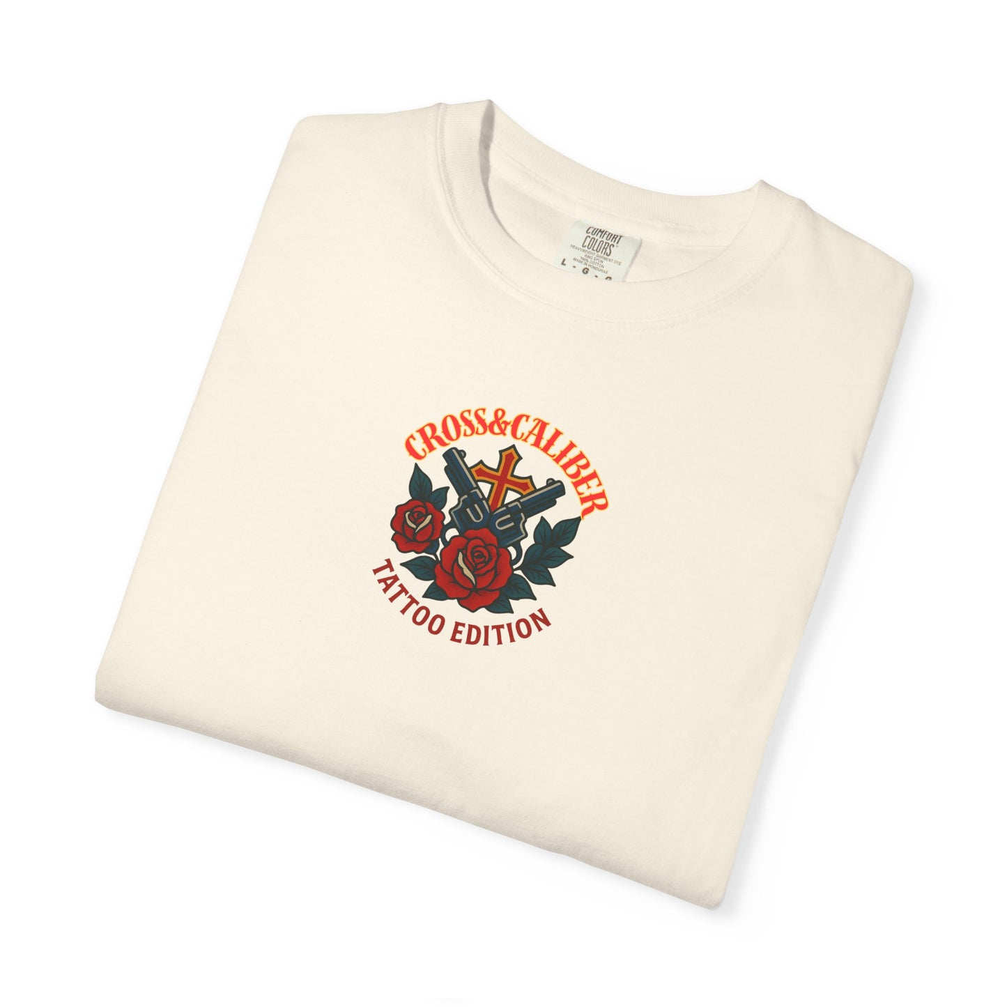 Unisex Tattoo Edition T-Shirt with Cross and Roses - Garment-Dyed for a Vintage Vibe