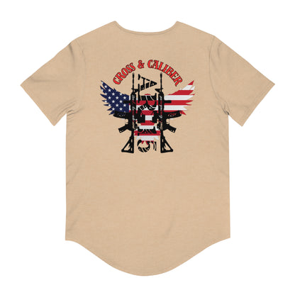 Men's Jersey Curved Hem Tee - Faith Meets Firepower Graphic Tee, Patriotic T-Shirt, Casual Men's Wear, Gift for Firearm Enthusiasts, [...]