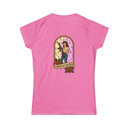 Vintage-Inspired Women&#39;s Softstyle Tee with Front Patch and Back Design