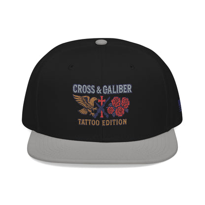 Embroidered Snapback Hat - Cross & Caliber Tattoo Edition