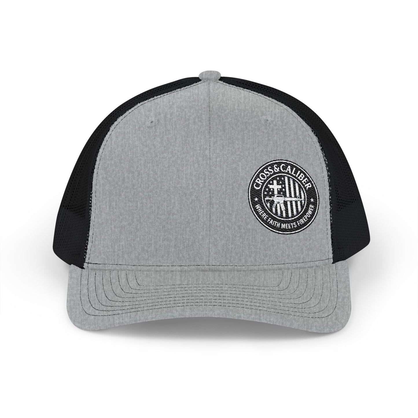 Embroidered Snapback Trucker Cap - Cross & Caliber Design for Faith Enthusiasts