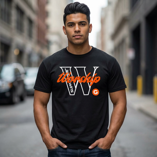 Worship V Varsity T-Shirt – Retro Script Gospel Church Tee