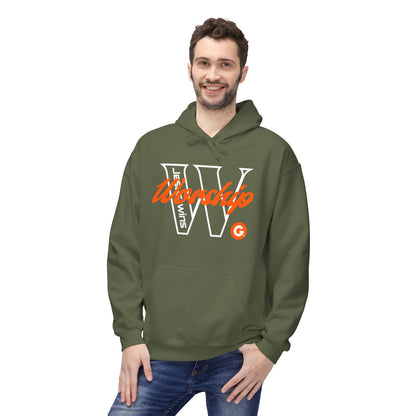 Worship V Graphic Hoodie - Orange Script Church Apparel