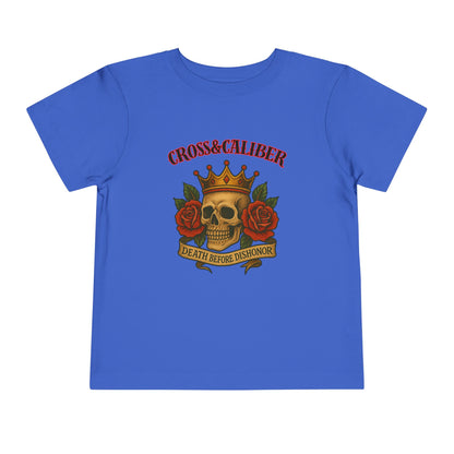 Cool Toddler T-Shirt: Cross & Caliber, Death Before Dishonor, Skull and Roses, Trendy Kids Tee, Unique Gift for Boys & Girls