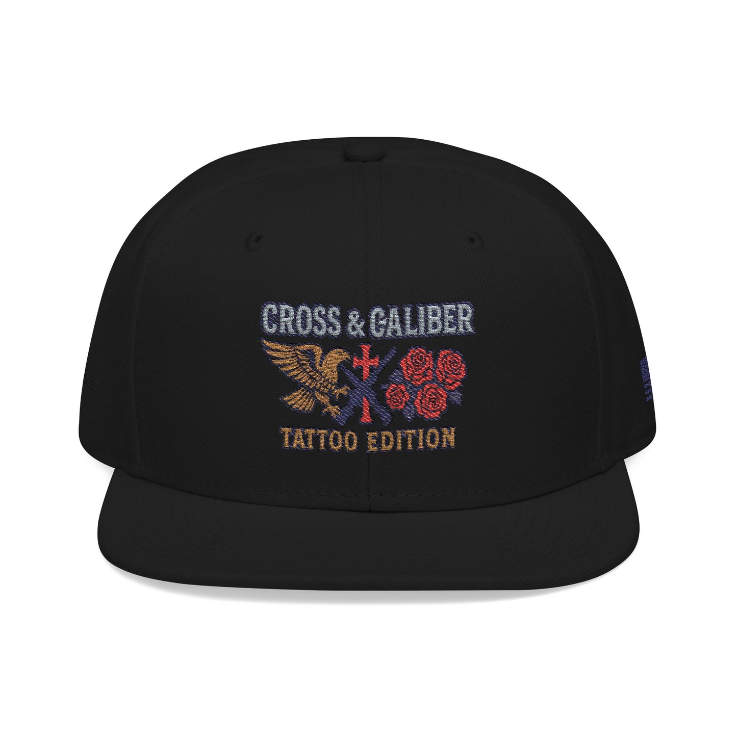 Embroidered Snapback Hat - Cross & Caliber Tattoo Edition