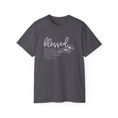 Blessed Floral Tee – "Blessed" Psalm 1:1 Scripture Shirt