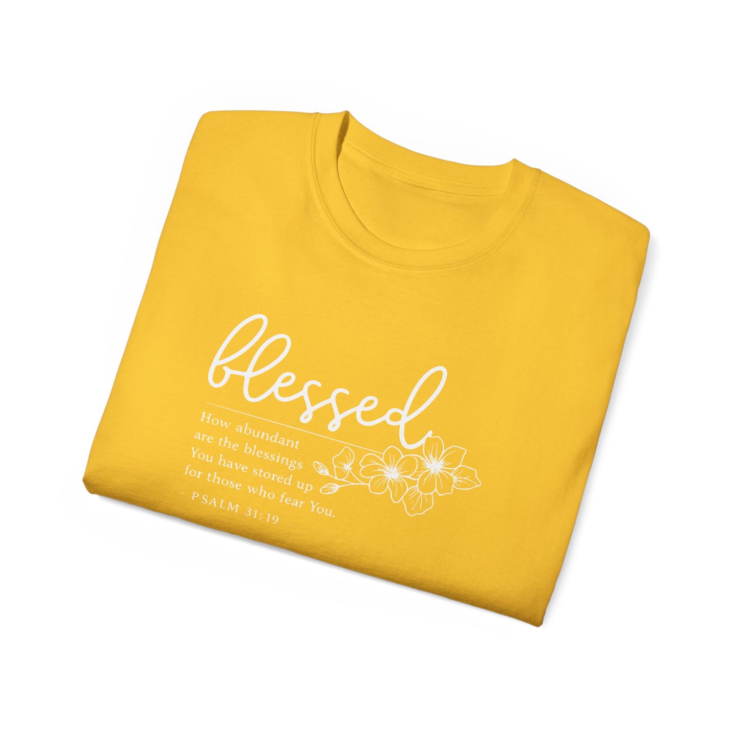 Blessed Floral Tee – "Blessed" Psalm 1:1 Scripture Shirt