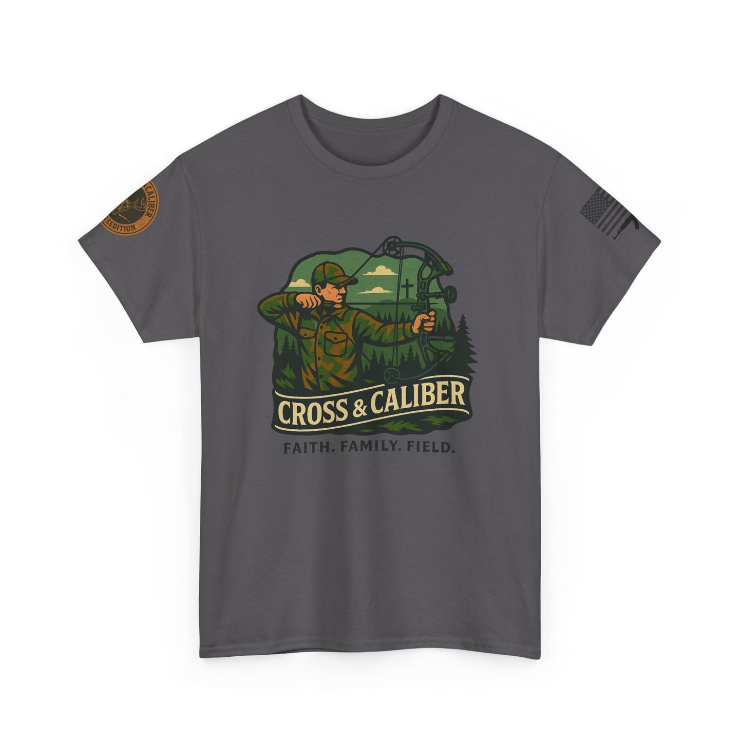 Faith Family Field Unisex Heavy Cotton Tee, Hunting Shirt, Outdoor Lover Gift, Men's Tee, Casual Wear, Patriotic Apparel, Adventure Outfit