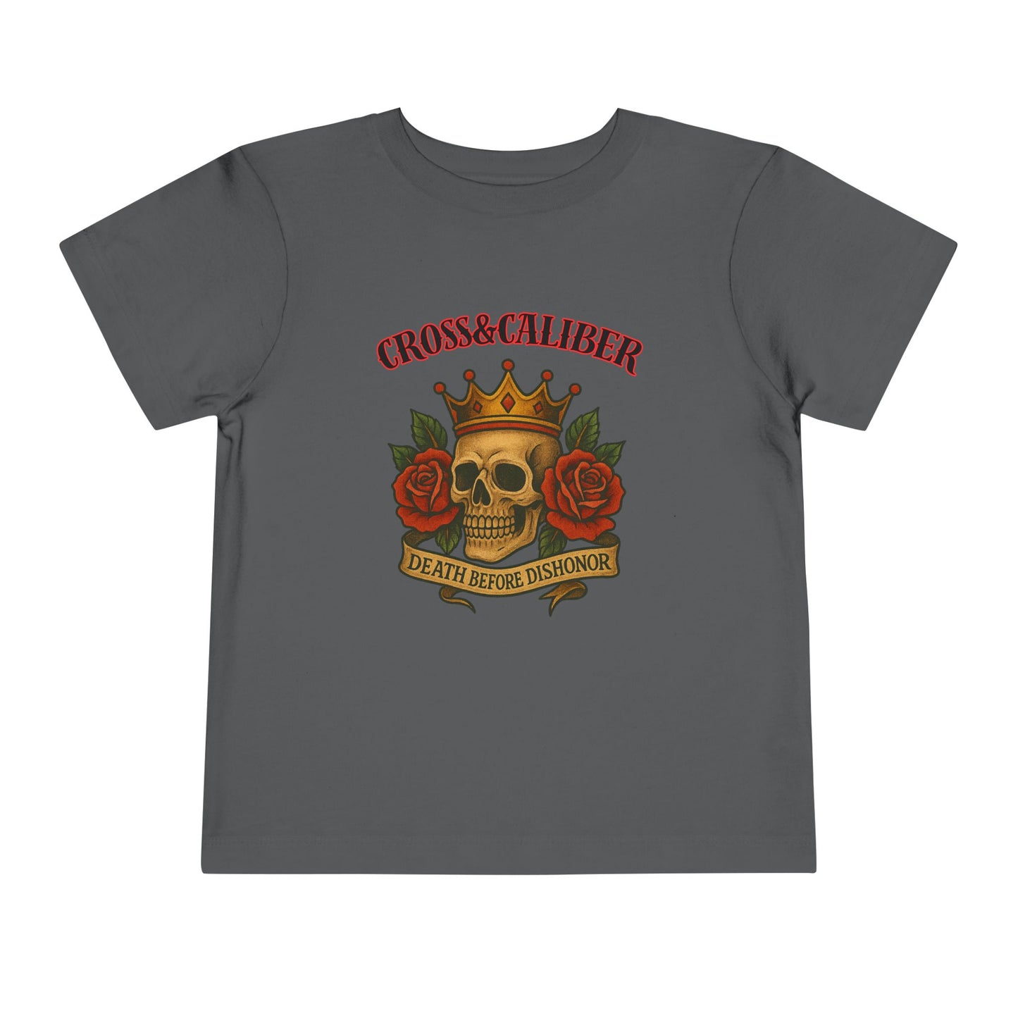 Cool Toddler T-Shirt: Cross & Caliber, Death Before Dishonor, Skull and Roses, Trendy Kids Tee, Unique Gift for Boys & Girls