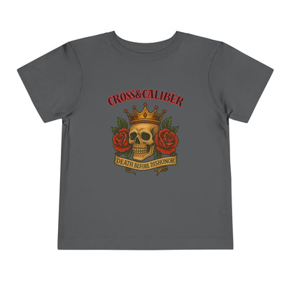 Cool Toddler T-Shirt: Cross & Caliber, Death Before Dishonor, Skull and Roses, Trendy Kids Tee, Unique Gift for Boys & Girls