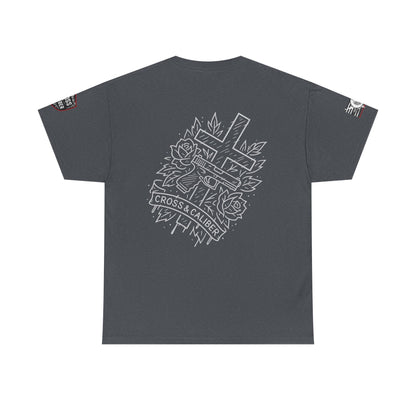 Bold Graphic Unisex Tee with Cross & Caliber Design, Casual Streetwear, Gift for Him or Her, Vintage Inspired T-Shirt,