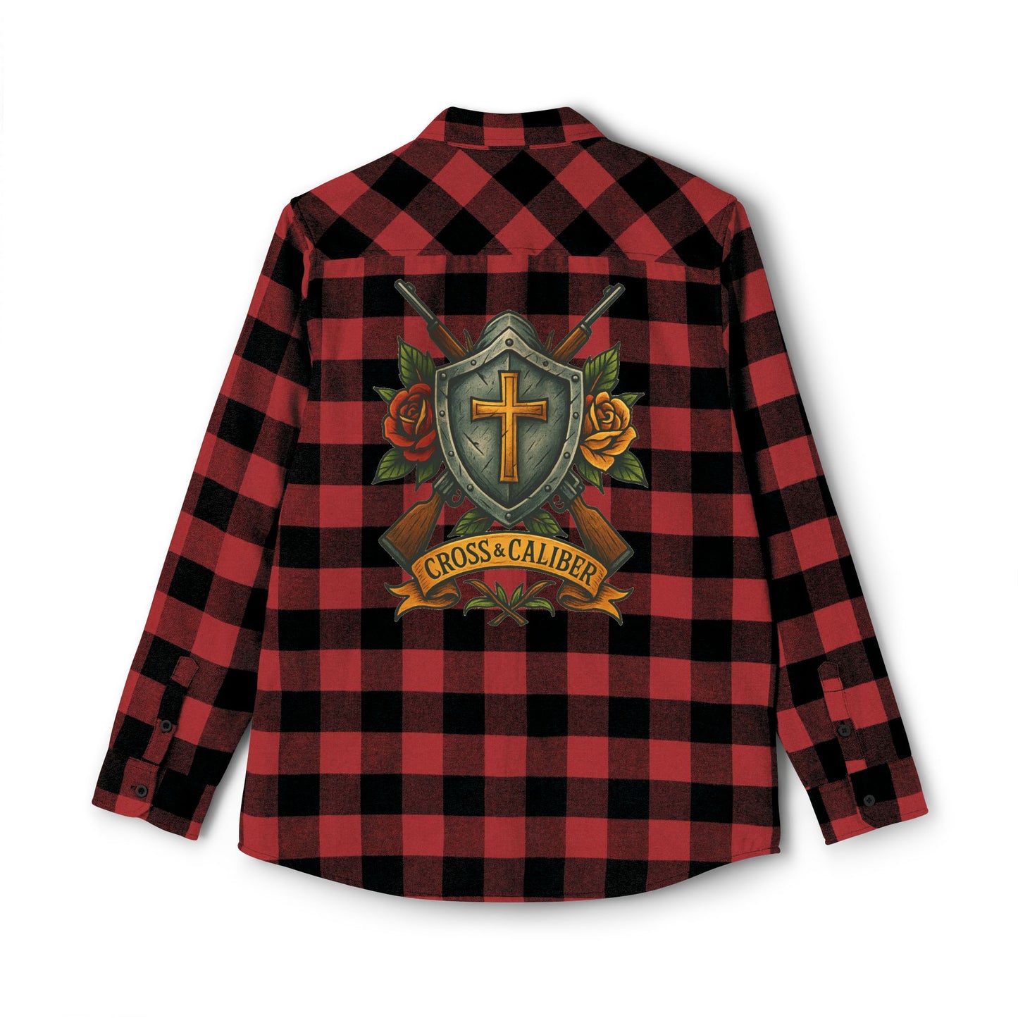Unisex Flannel Shirt with Cross & Caliber Design - Casual Comfort for Adventurers