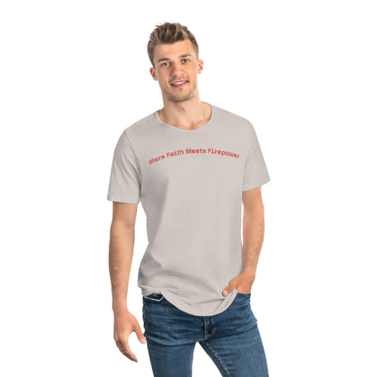Men's Jersey Curved Hem Tee - Faith Meets Firepower Graphic Tee, Patriotic T-Shirt, Casual Men's Wear, Gift for Firearm Enthusiasts, [...]