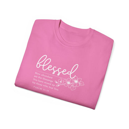 Blessed Floral Tee – "Blessed" Psalm 1:1 Scripture Shirt