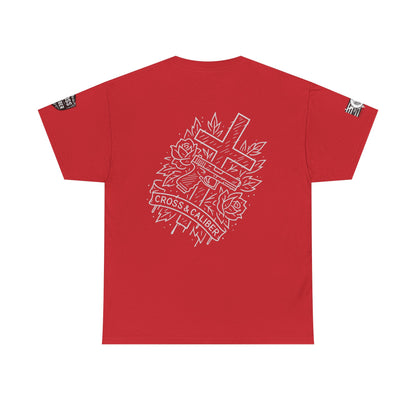 Bold Graphic Unisex Tee with Cross & Caliber Design, Casual Streetwear, Gift for Him or Her, Vintage Inspired T-Shirt,