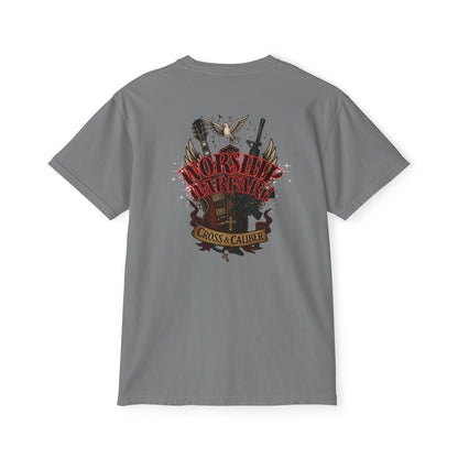 Worship Warfare T-Shirt, Unisex Pocket Tee, Music Lover Gift, Casual Everyday Wear, Rock Concert Attire, Faith-Inspired