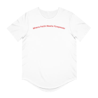 Men's Jersey Curved Hem Tee - Faith Meets Firepower Graphic Tee, Patriotic T-Shirt, Casual Men's Wear, Gift for Firearm Enthusiasts, [...]
