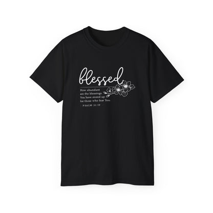 Blessed Floral Tee – "Blessed" Psalm 1:1 Scripture Shirt